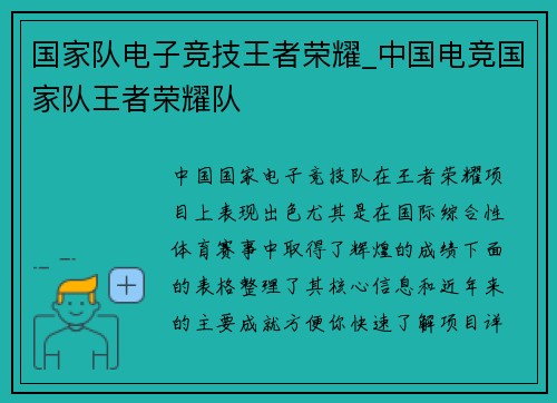 国家队电子竞技王者荣耀_中国电竞国家队王者荣耀队